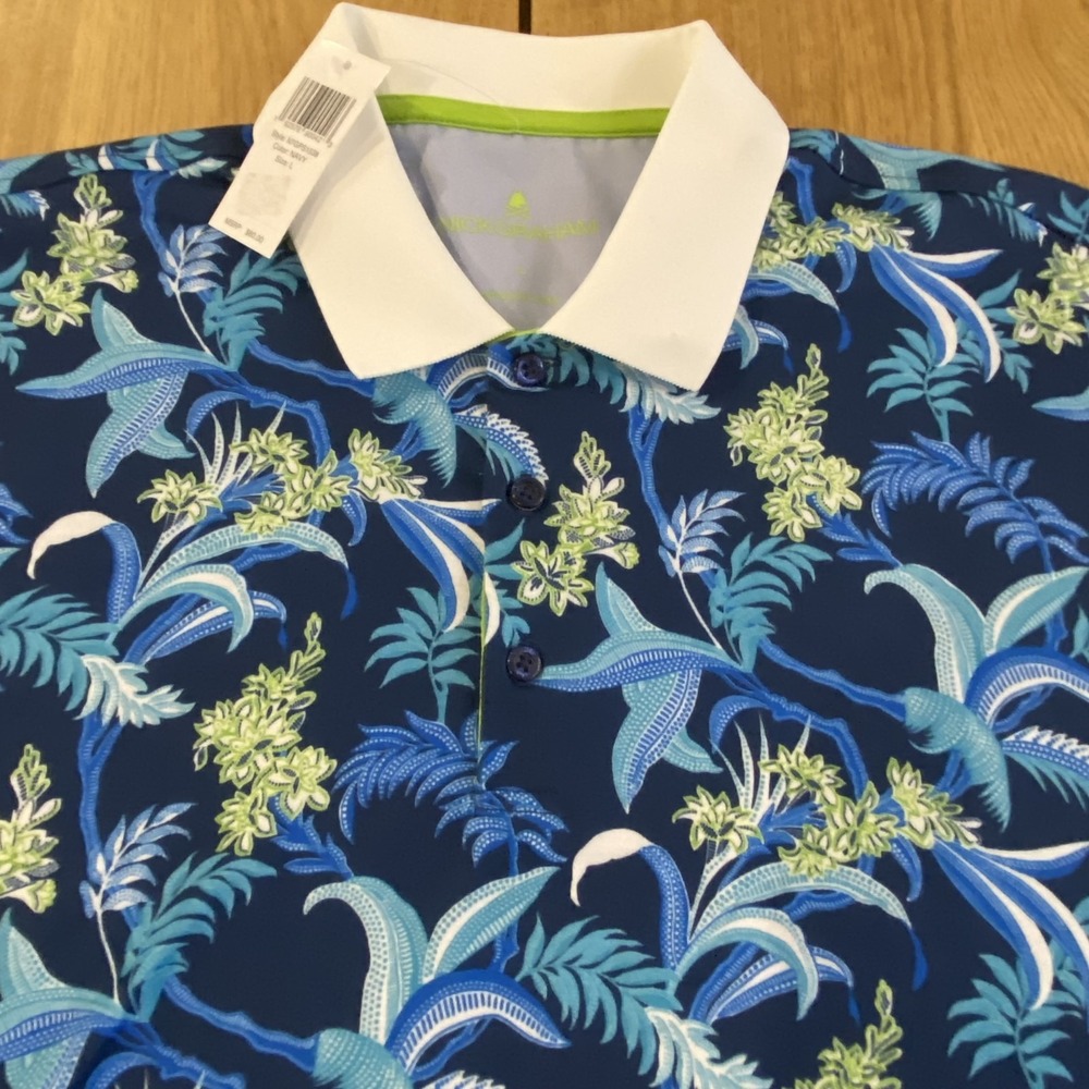 Nick Graham NWT Polo Shirt Mens LG Multicolor‎ Tropical Floral Print Stretch